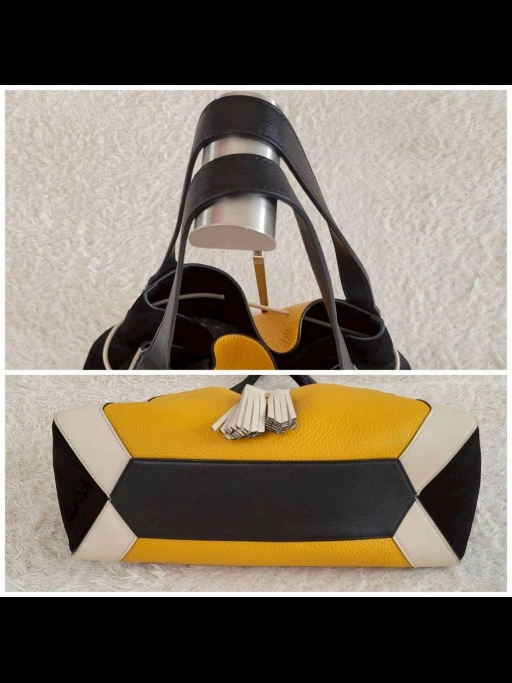 Mulberry Yellow, Black & Cream Pebbled Leather Drawstring Tote with Pouch - Picture 6 of 12